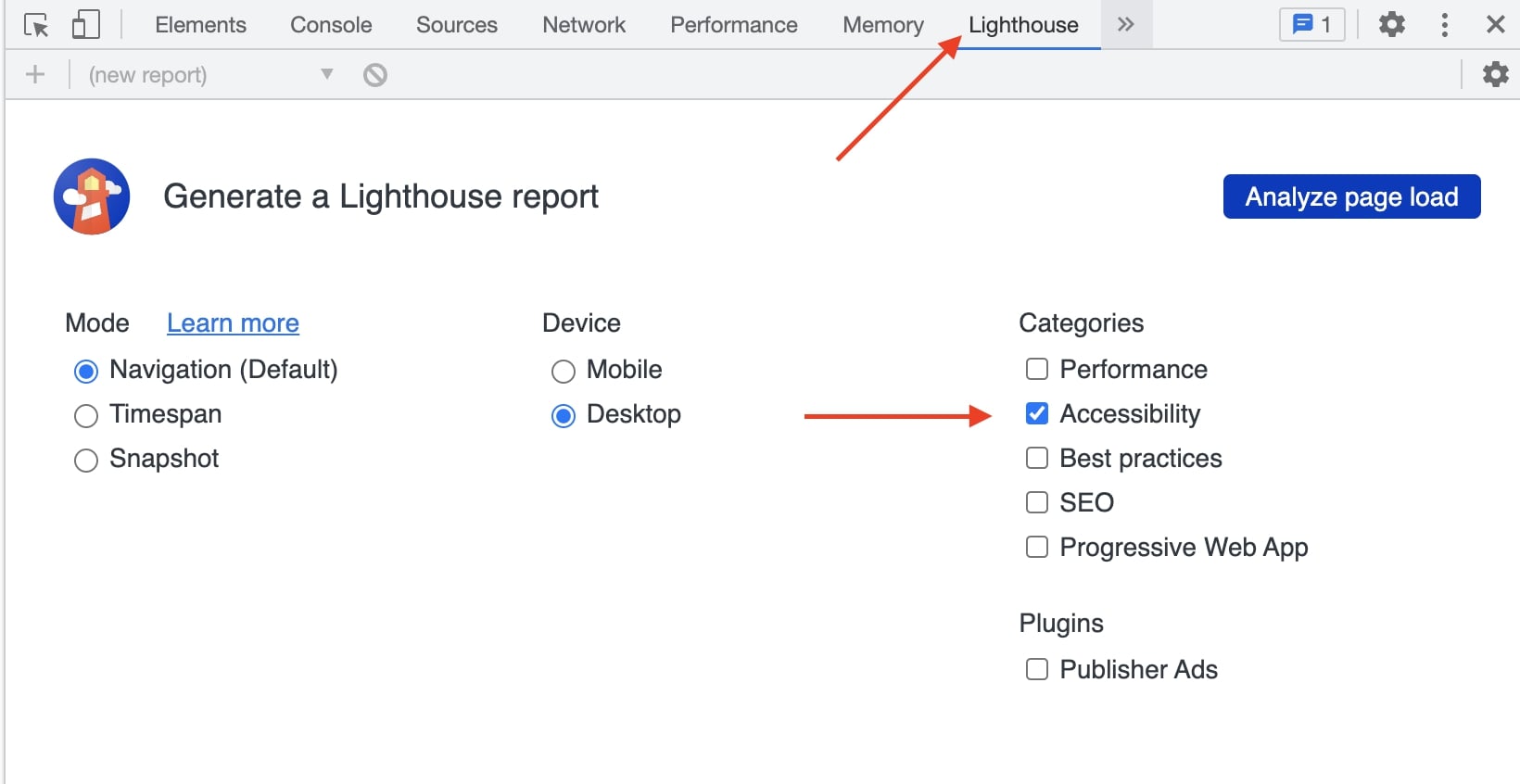 An example of how to open Lighthouse in DevTools